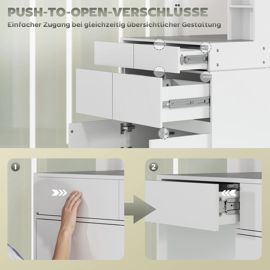 HOMCOM Toaletka, stolik do makijażu z dużym lustrem, 4 szuflady, 3 otwarte przegrody, 2 szafki, MDF, Biały