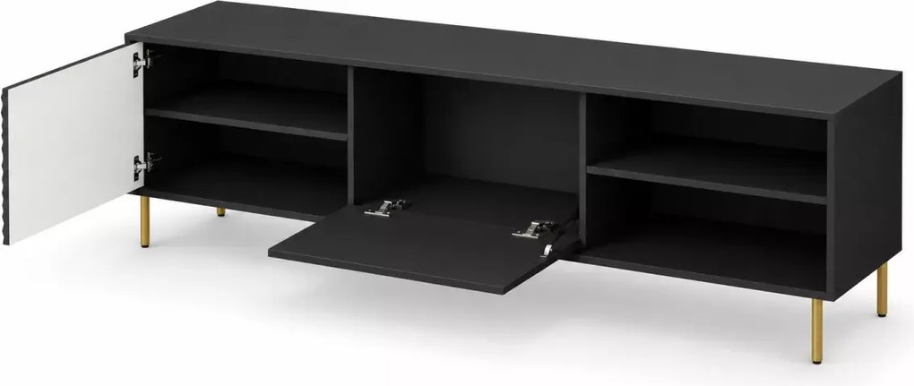 Nowoczesna szafka Pulset RTV-1 – komoda pod telewizor z frontami MDF, czarny mat, złote metalowe nogi – styl glamour