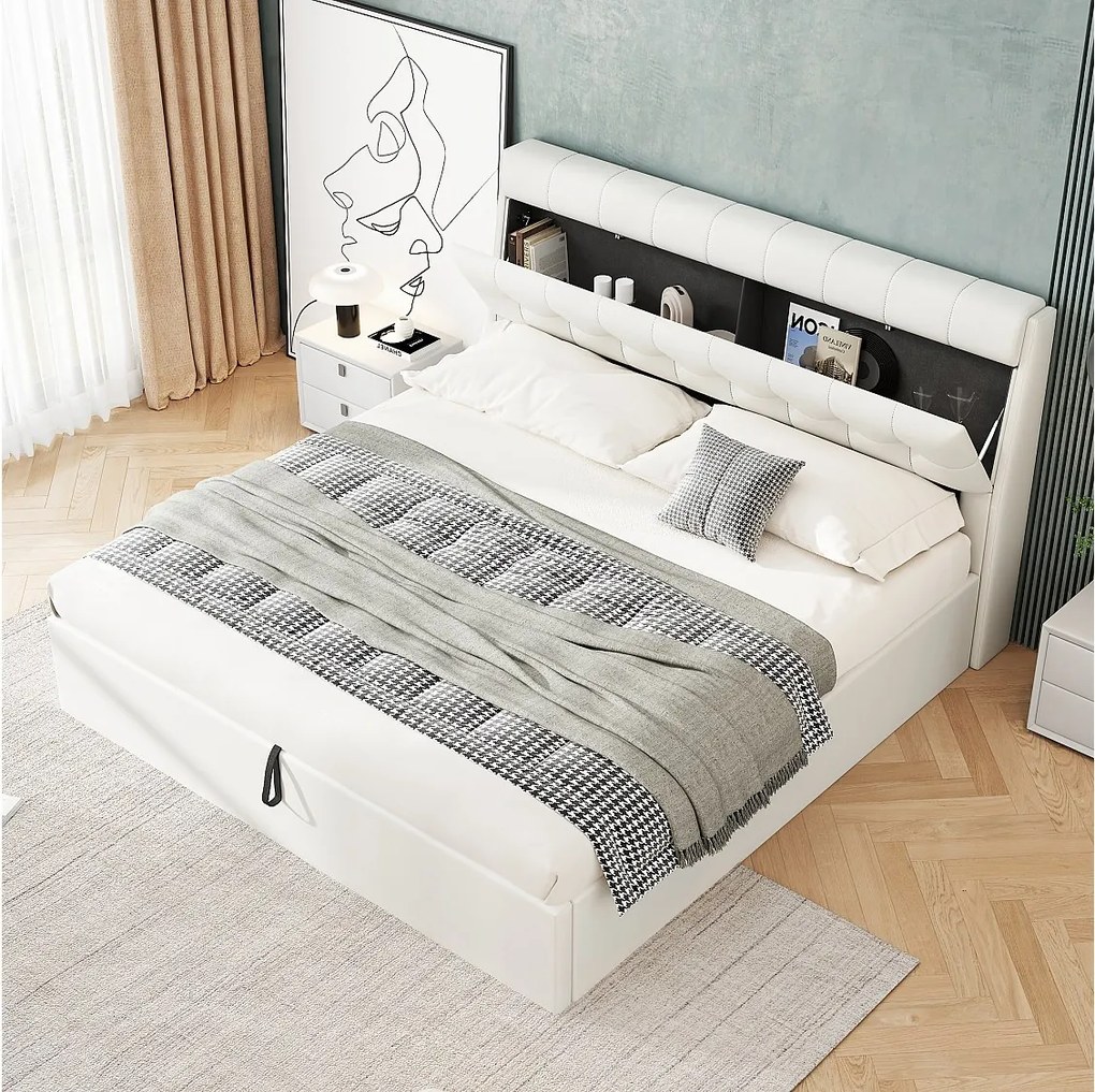 Łóżko z pojemnikiem 160 x 200 cm i zagłówkiem ze schowkiem - LED-y - skóra ekologiczna - białe (bez materaca)