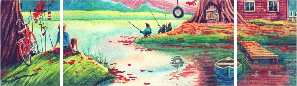 Obraz - Akwarela, Bay in a mountain village (170x50 cm)