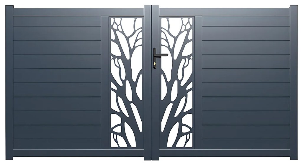 Skrzydłowa, pół-perforowana aluminiowa brama z wzorem Dł.300 x Wys.164 cm w zestawie LABRIT II