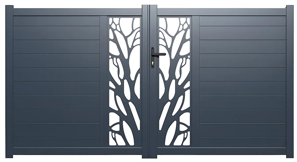 Skrzydłowa, pół-perforowana aluminiowa brama z wzorem Dł.307 x Wys.170 cm w zestawie LABRIT II