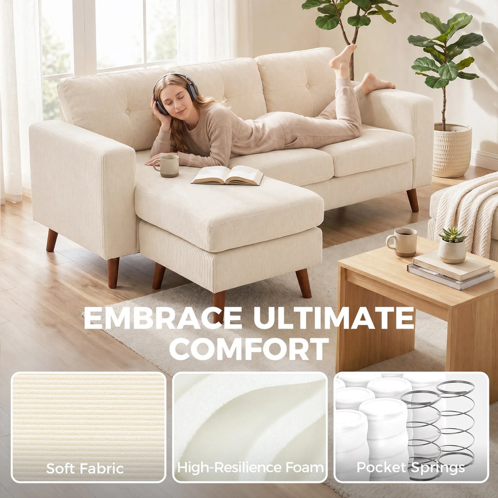 HOMCOM Narożnik 192 cm L-kształt 3-osobowa sofa z odwracalnym szezlongiem, wygląd sztruksu, do małych pomieszczeń, kremowo-biały | Aosom PL