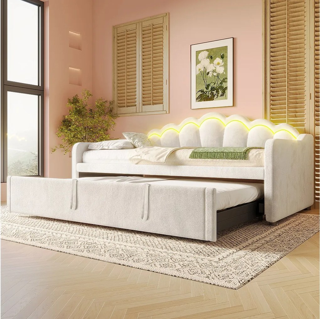 Łóżko dzienne z wysuwanym łóżkiem - 90/180 x 200 cm - z diodami LED - aksamitne - beżowe