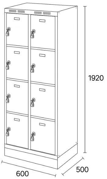 Szafka skrytkowa S6 na cokole, 8 schowków, 1920 x 600 x 500 mm, zamek obrotowy, drzwi pomarańczowe