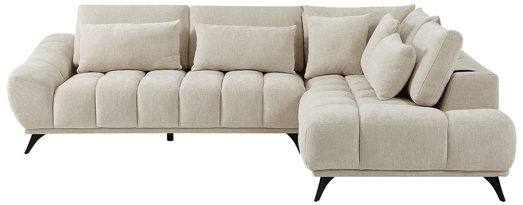 Kanapa narożna prawa z podnoszonymi zagłówkami z beżowego teksturowanego weluru MAVIRO