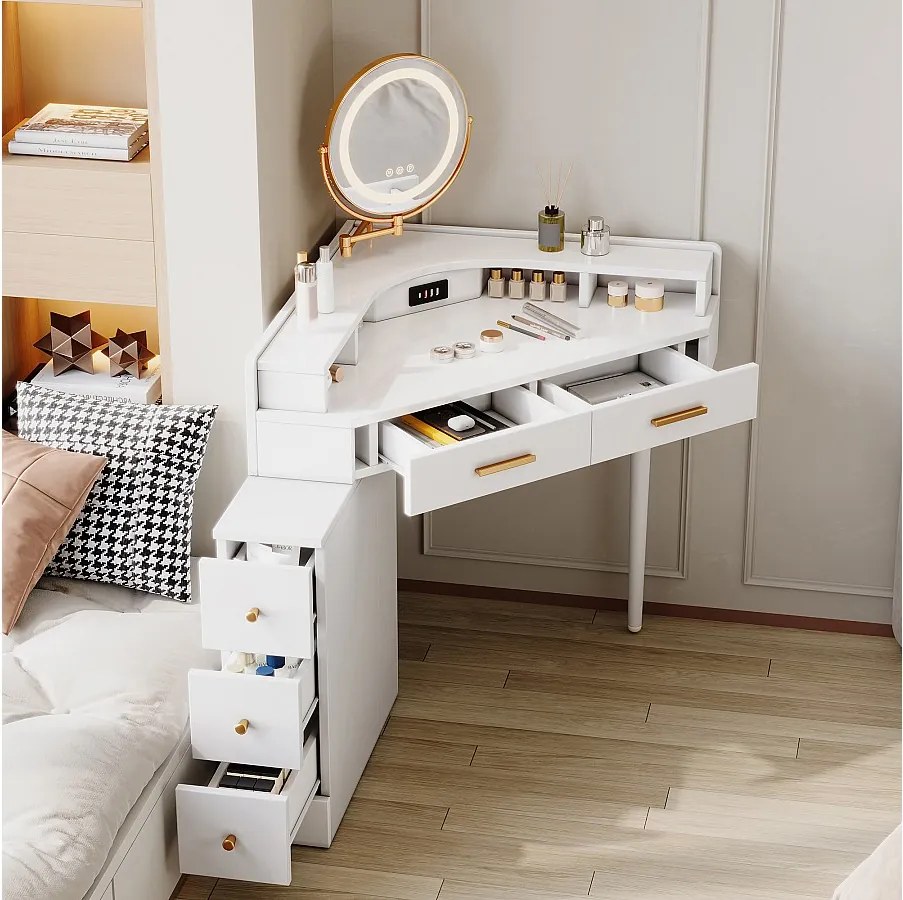 Nowoczesna toaletka narożna - 105,5 x 75 x 120 cm - z obrotowym lustrem LED + 5 szuflad + port USB - płyta wiórowa - biała