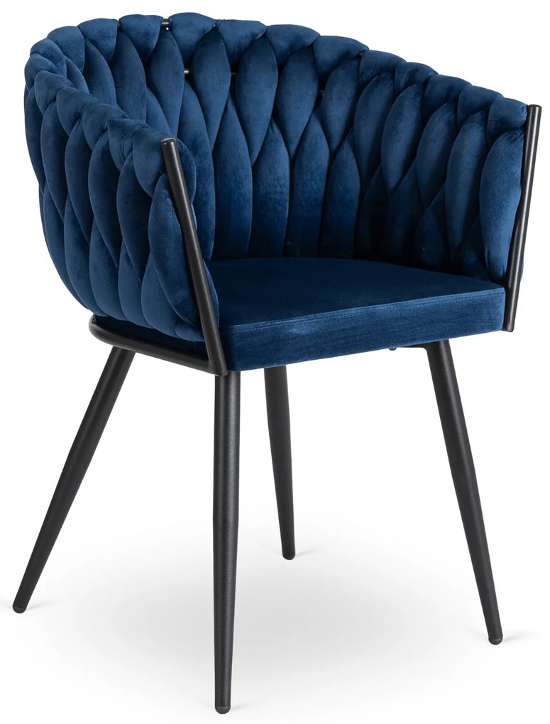 Krzesło Tapicerowane Plecione do Salonu ELENA Granatowe Welurowe Nowoczesne Loft