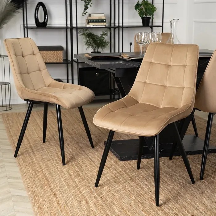 Zestaw Stół Prostokątny Rozkładany CLARK 120-160 cm Czarny Marmur i 4 Krzesła Tapicerowane do Jadalni RIO Beżowe Welurowe Loft