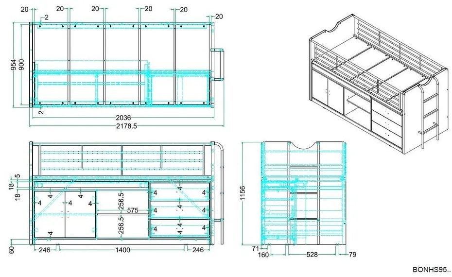 Biało-niebieskie podwyższone łóżko dziecięce ze schowkiem i stelażem 90x200 cm Bonny – Vipack