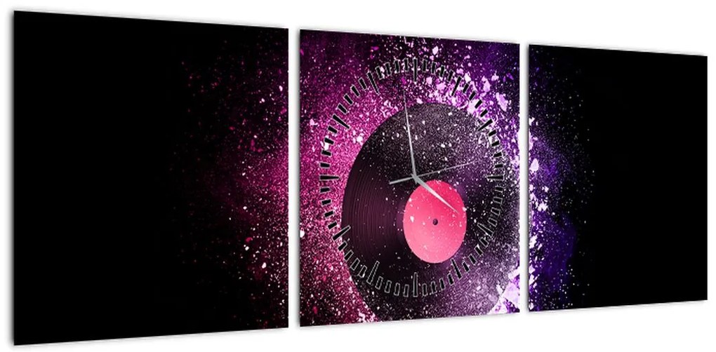 Obraz - Płyta winylowa w kolorze różowo-fioletowym (z zegarem) (90x30 cm)