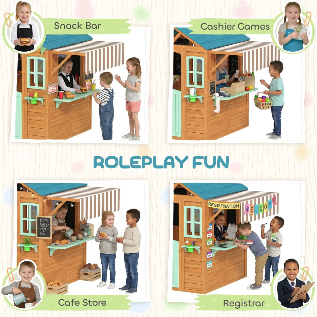 AIYAPLAY Drewniany domek dziecięcy na zewnątrz z ladą sprzedażową, skrzynką na rośliny, tablicą kredową, tarczą do rzucania 4 piłki 142 x 120 x 141,5 cm Wielobarwny | Aosom PL