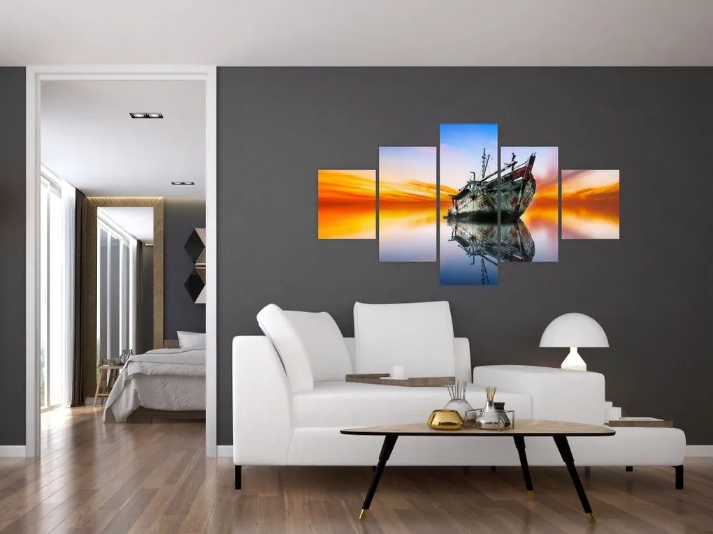 Obraz - Wschód słońca nad wrakiem łodzi (125x70 cm)