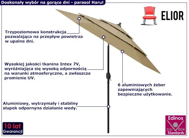 Okrągły trzypoziomowy parasol ogrodowy taupe - Haru