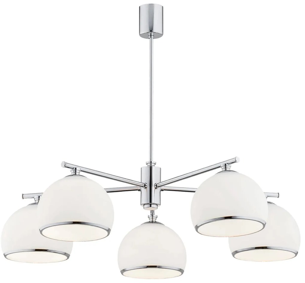 Srebrny żyrandol klasyczny Marbella 5 Chrom z pięcioma szklanymi kloszami w kształcie czaszy, styl art deco, glampur