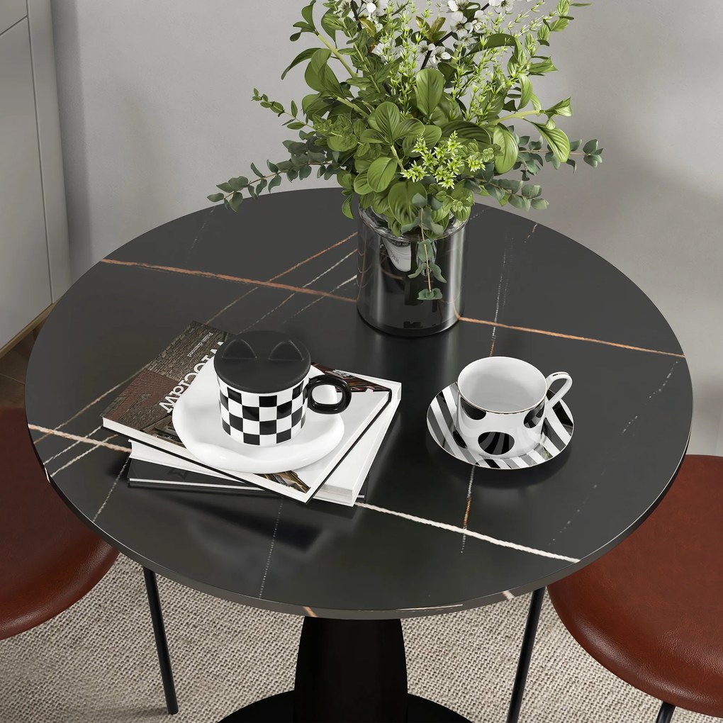 HOMCOM Okrągły Stół Jadalniany, Stal Malowana Proszkowo, MDF z Powłoką Melaminową, Antypoślizgowe Stopy, 70 x 74 cm, Czarny