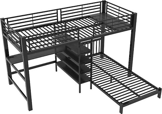 Łóżko piętrowe 90x200cm z biurkiem, półką na schodach, podwójnym gniazdem USB i Type-C, Czarny