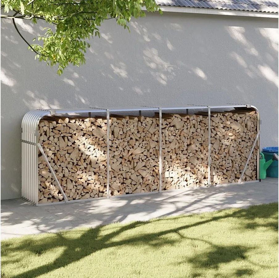 Stojak na Drewno Srebrny 300x45x100 cm ze Stali Ocynkowanej z Hakami do Montażu