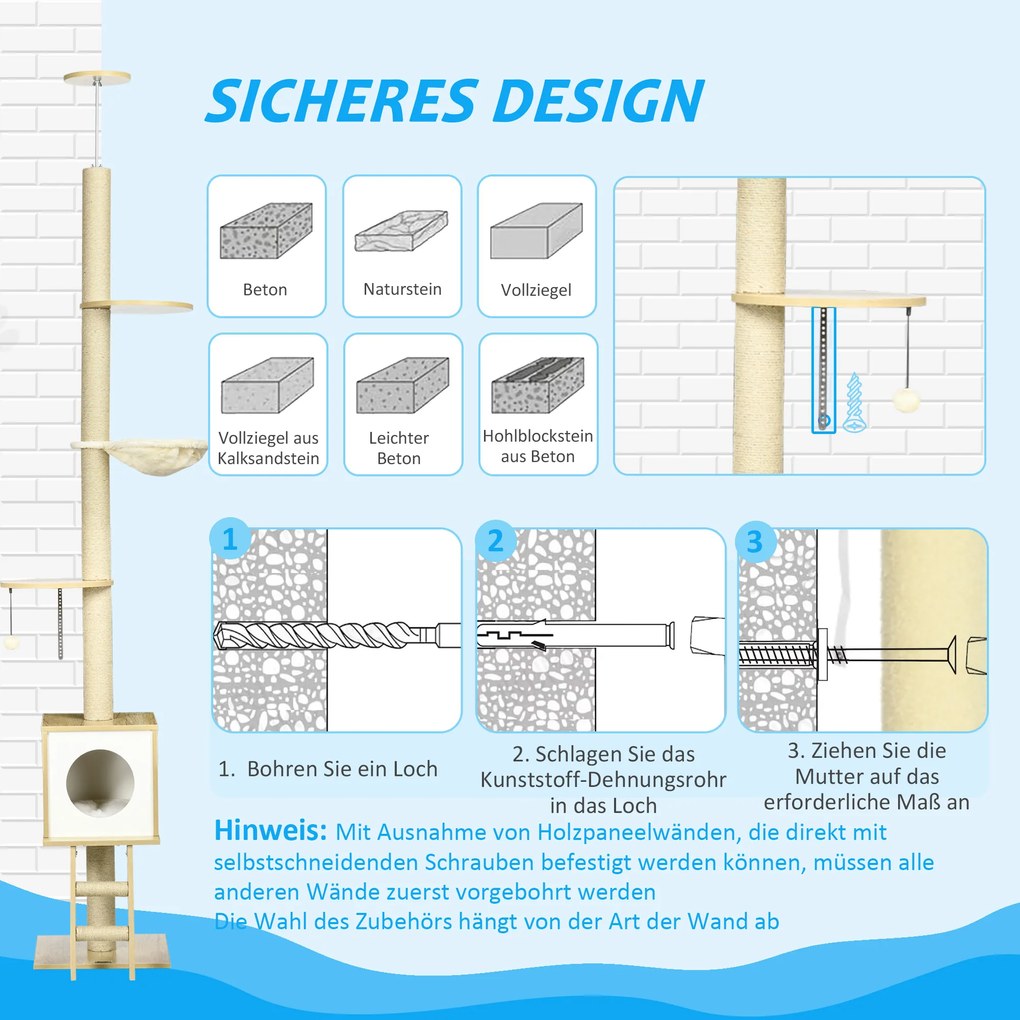 PawHut Drzewko do Drapania od Podłogi do Sufitu Jasnobrązowe | Aosom PL