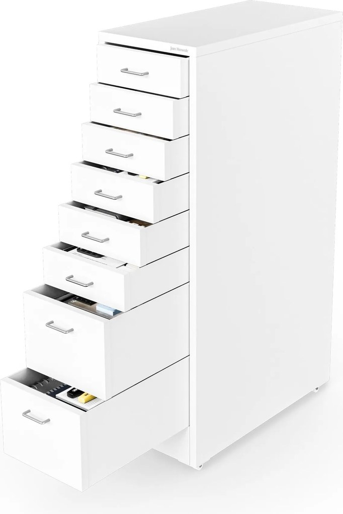 Szafka kartotekowa na kółkach, metalowa, 8 szuflad, na dokumenty, biała, 300x1100x600 mm: SARA V8