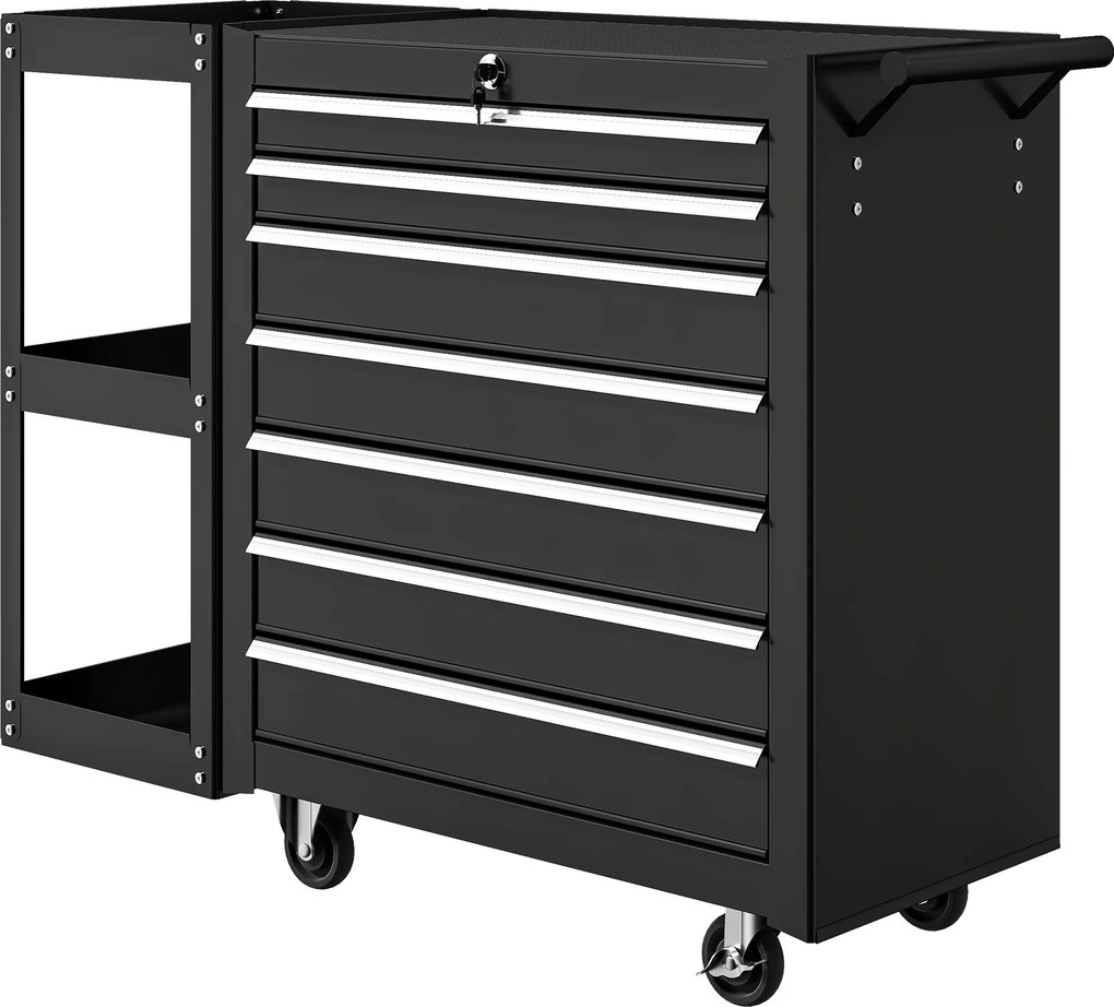 HOMCOM Wózek warsztatowy z 7 szufladami odczepiana półka boczna 4 kółka z hamulcem, 96x33,5x75cm, czarny | Aosom PL