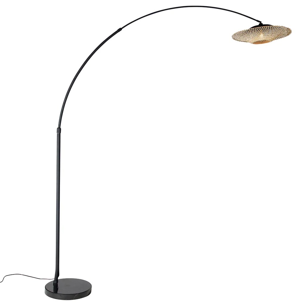 Nowoczesna lampa łukowa czarna z orientalnym abażurem i bambusowym kloszem 50 cm - XXL Rina
