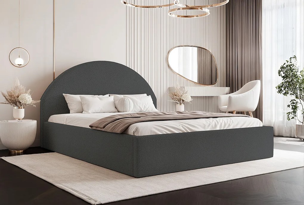 BESILIO Łóżko tapicerowane Boucle 160x200 Velora - stelaż listwowy, wezgłowie, pojemnik, łóżko slim - Szary