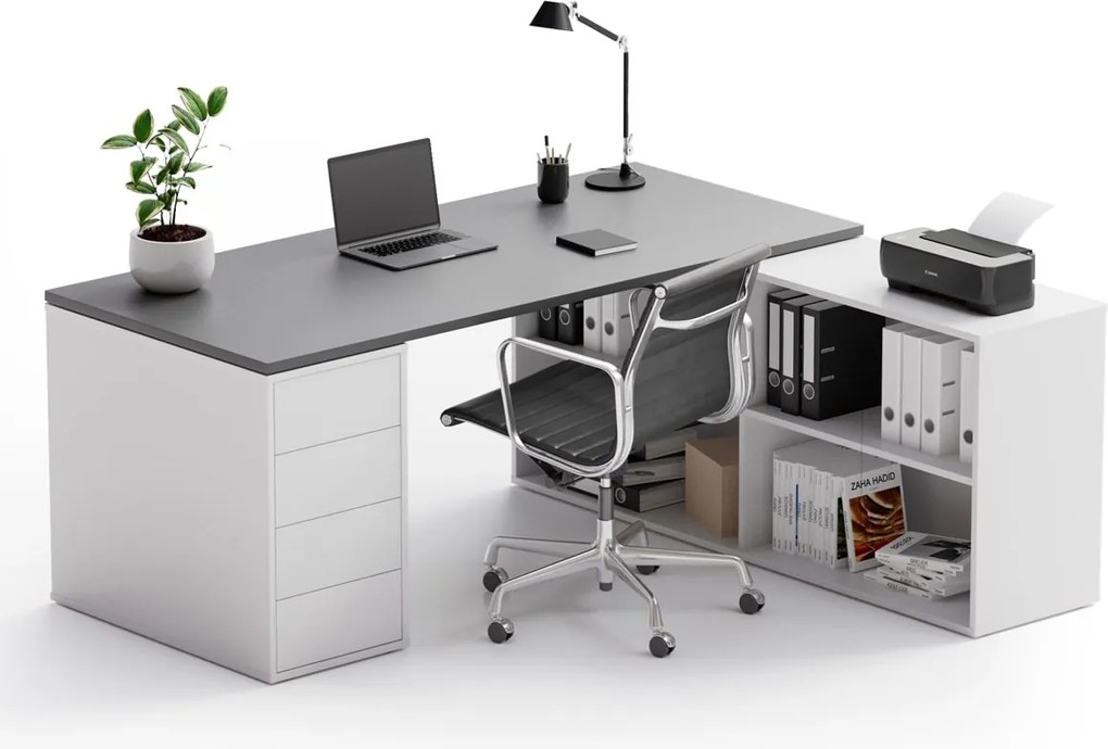 Biurko z przestrzenią do przechowywania BLOCK B04, 180x160 cm, biały/grafit