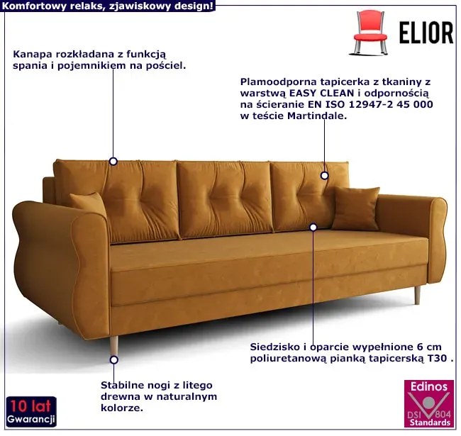 Musztardowa sofa z funkcją spania - Eden