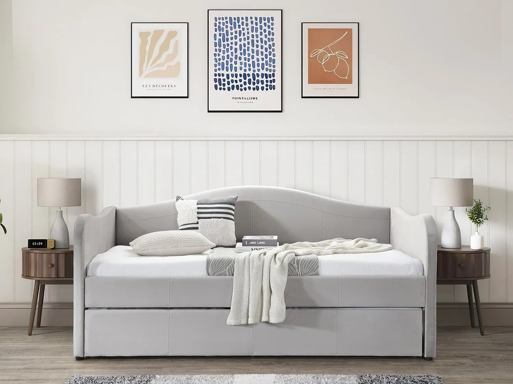 Łóżko dzienne wysuwane 2 x 90 x 190 cm - Welur - Jasnoszary - MATHILDE