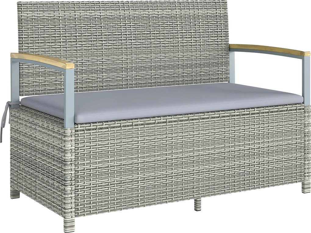 Outsunny Ławka Ogrodowa Rattan 170L 2-osobowa Ławka z Schowkiem Zdejmowana Poduszka Zamek Błyskawiczny Drewniane Podłokietniki | Aosom PL
