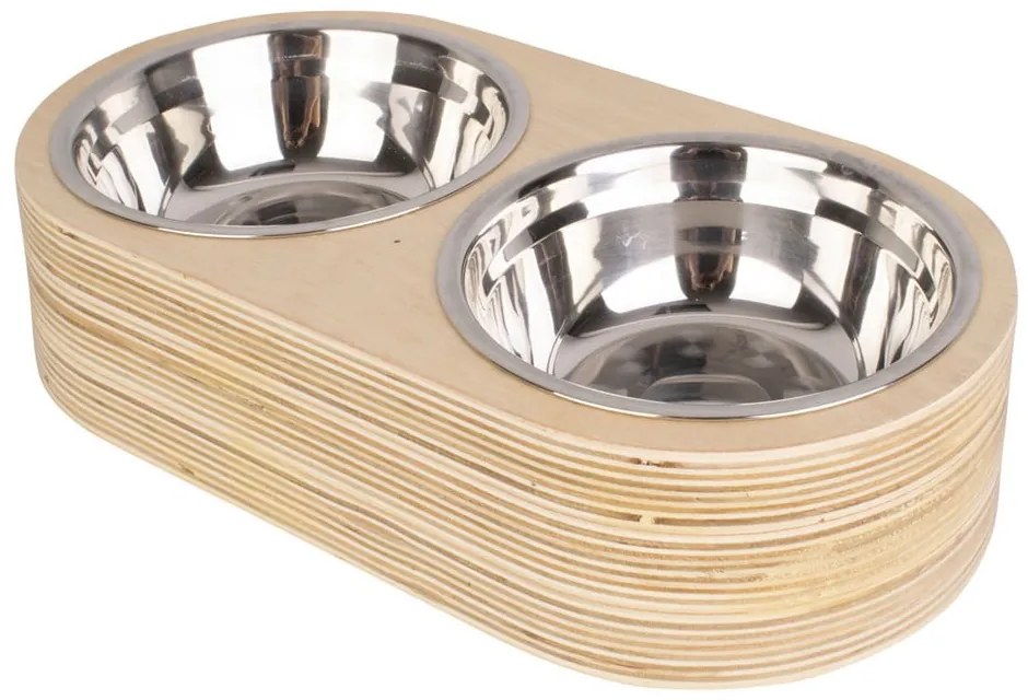Zestaw 2 metalowych misek i jasnej drewnianej podstawki PT LIVING Pet, szer. 18 cm