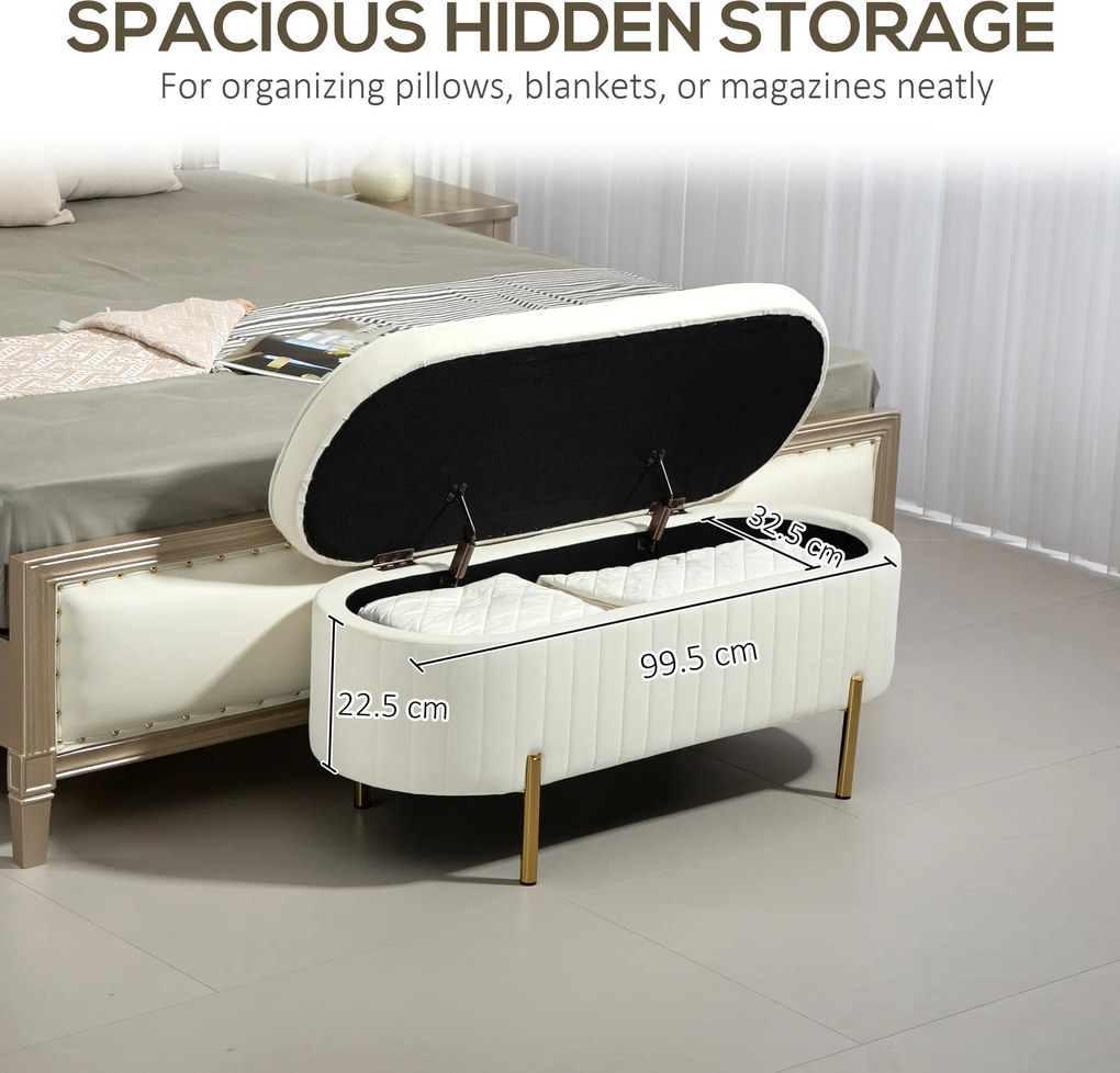 HOMCOM Ławka z klapą i schowkiem, materiał pokryty, metal, Kremowy + Złoty