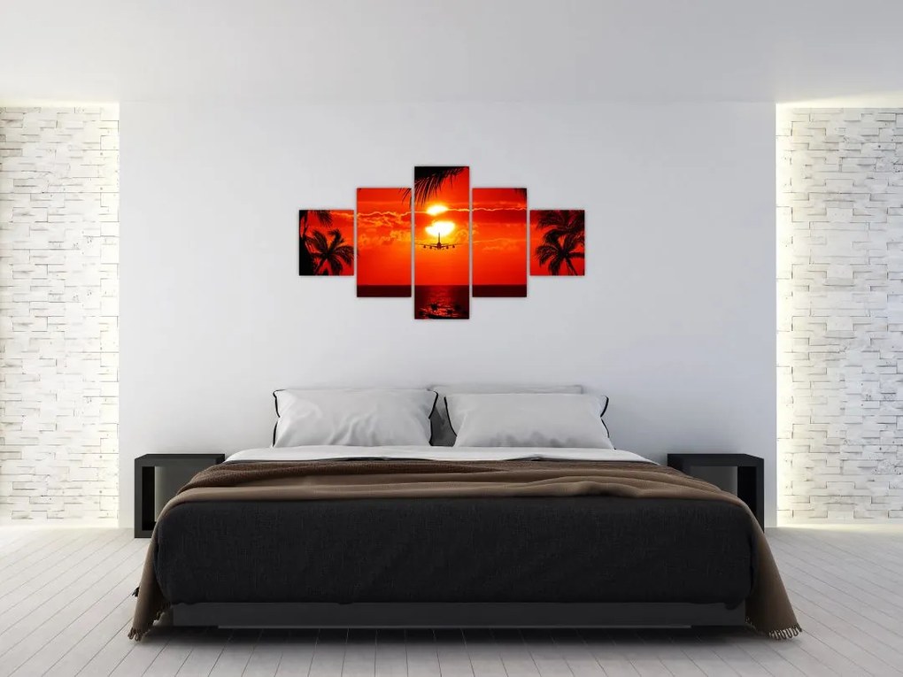 Obraz - zachód słońca z samolotem (125x70 cm)