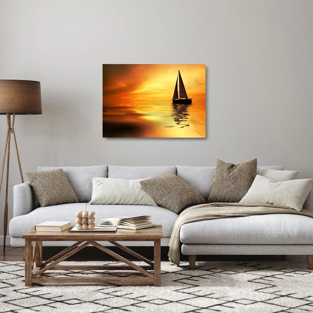 Obraz na szkle - Żaglówka o zachodzie słońca (70x50 cm)