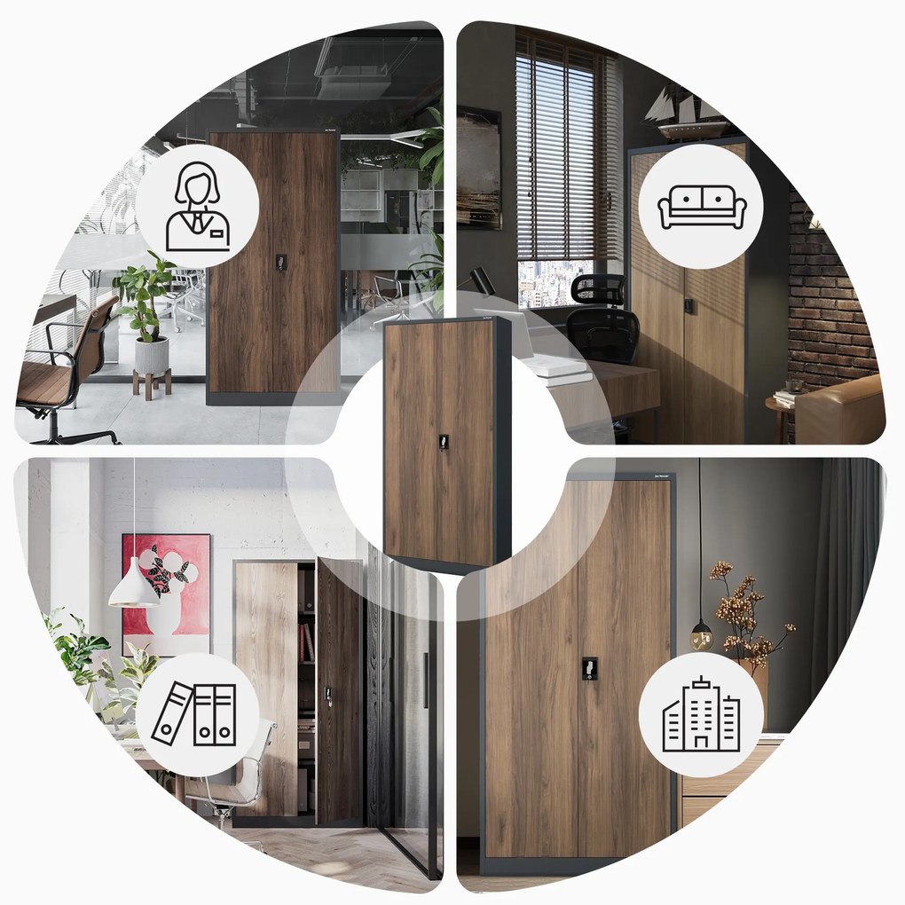 Biurowa szafa metalowa JAN, 900 x 1850 x 400 mm, Eco Design: antracytowa/ orzech