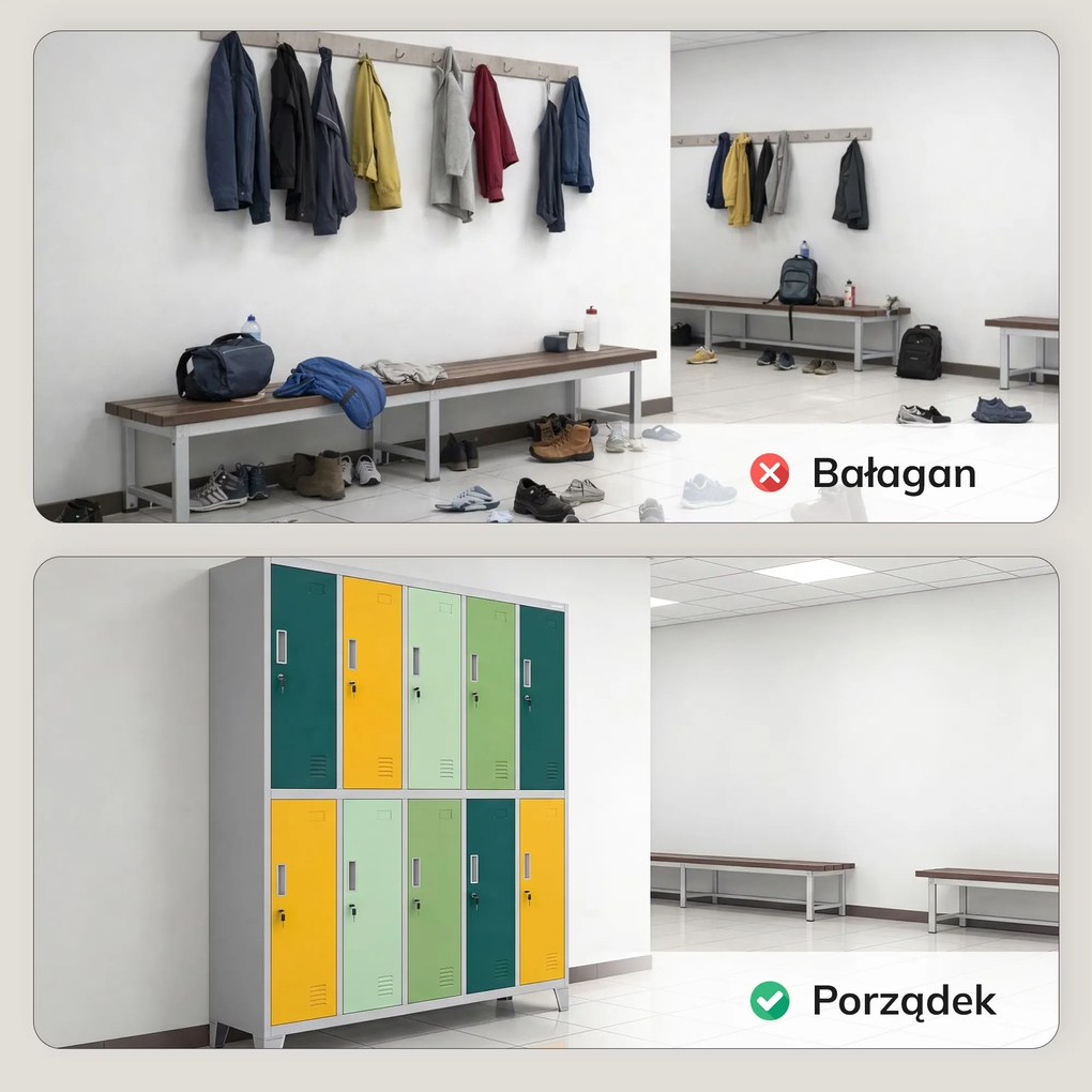 Szafa BHP ubraniowa 10-drzwiowa szaro-zielono-żółta: BARTEK 1360 x 1720 x 450 mm