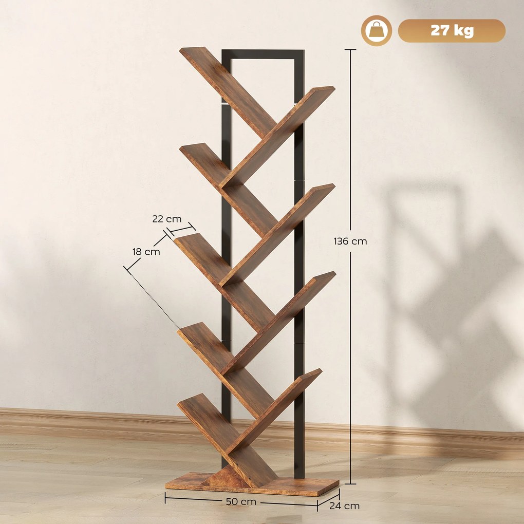 HOMCOM Regał stojący z 9 poziomami, wąski regał w kształcie drzewa do biura, rustykalny brązowy