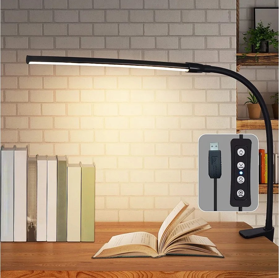 NETTLIFE Lampa biurkowa LED Czarny zacisk 3 kolory 5 poziomów jasności Lampa dzienna USB 5W Elastyczna ochrona oczu