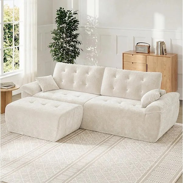Modułowa narożna kanapa w tkaninie Chenille, 3/4 osobowa, z pufem i 2 poduszkami, 275x174x90cm, Beżowy