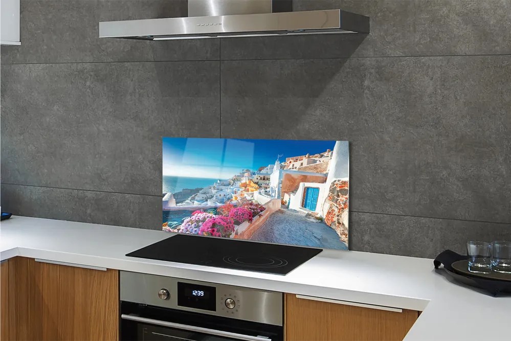 Szkło do Kuchni na Ścianę Biała Architektura i Kwiaty Grecji