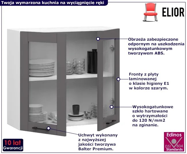 Szara górna szafka kuchenna z witryną Framio