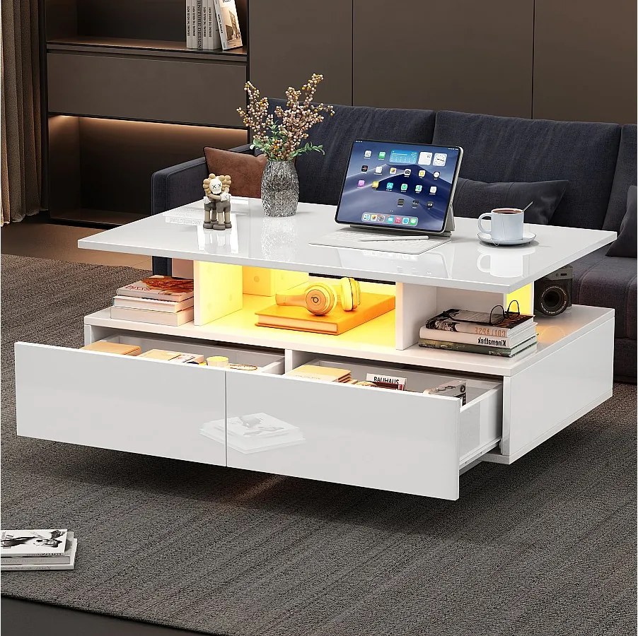 Stolik kawowy z 2 szufladami i otwartą przegrodą - 90 x 55 x 41 cm - Diody LED - Płyta wiórowa - Biały połysk