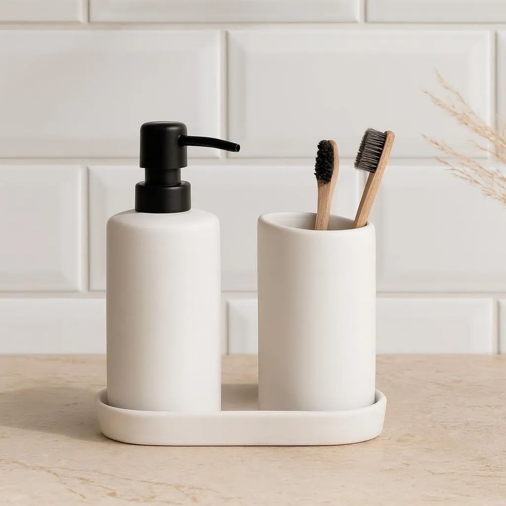 Zestaw łazienkowy PLY, ceramiczny dozownik, kubek i taca