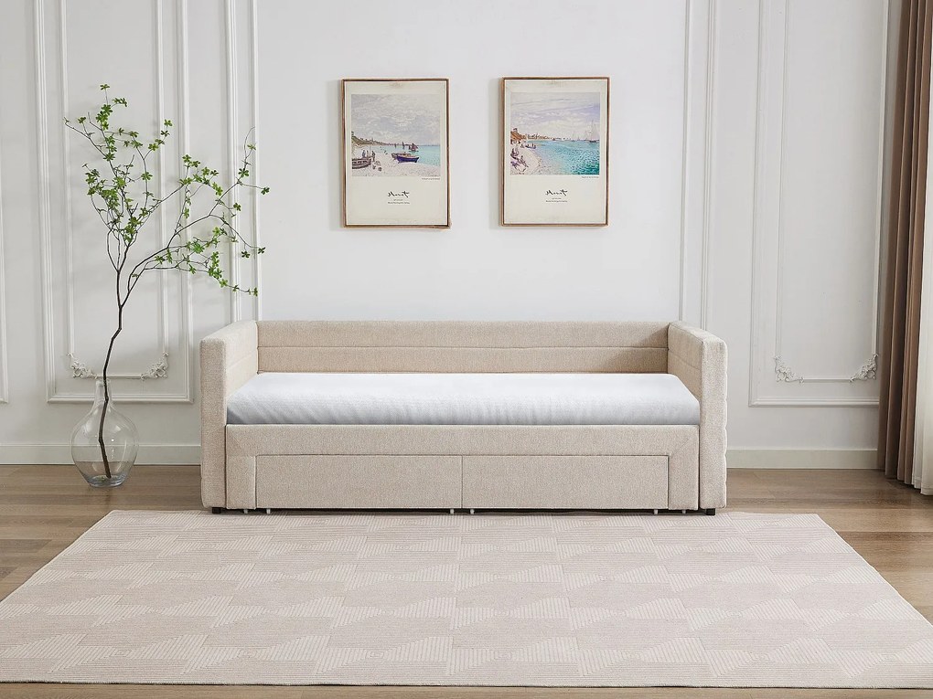 Łóżko wysuwane 2 x 80 x 200 cm - Z rozsuwanym stelażem i szufladami - Teksturowana tapicerka - Taupe + Materac - CAMITY