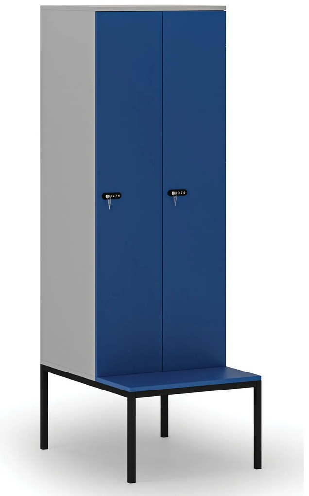Drewniana szafa ubraniowa z ławką, 2-drzwiowa, 1871 x 600 x 500/800 mm, demontaż, zamek mechaniczny z kodem, szary/niebieski
