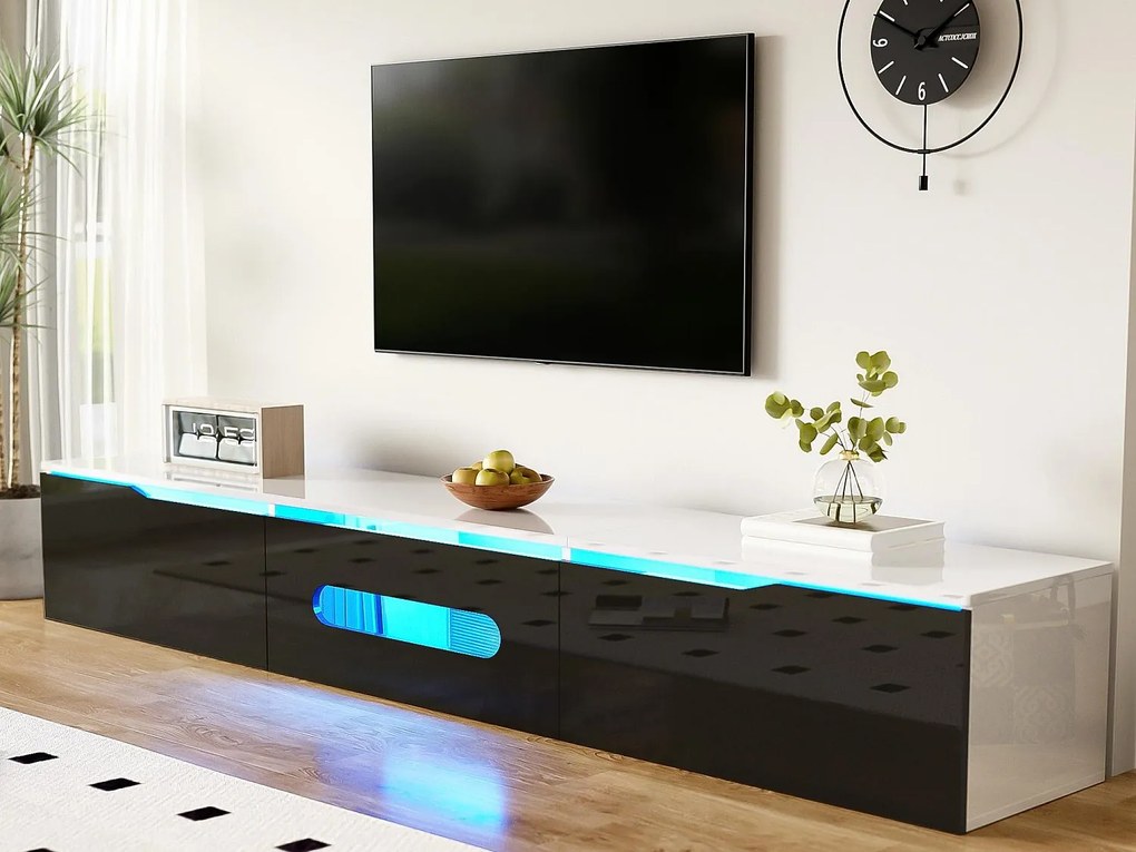 Mebel TV 180x35x30cm - wykończenie błyszczące - z oświetleniem LED 16 kolorów - montaż na ścianie - czarny + biały