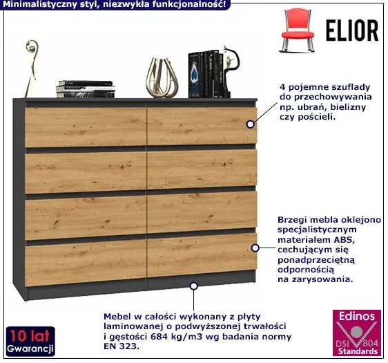 Wysoka komoda z szufladami antracyt  + dąb artisan - Lonix 2X 140 cm