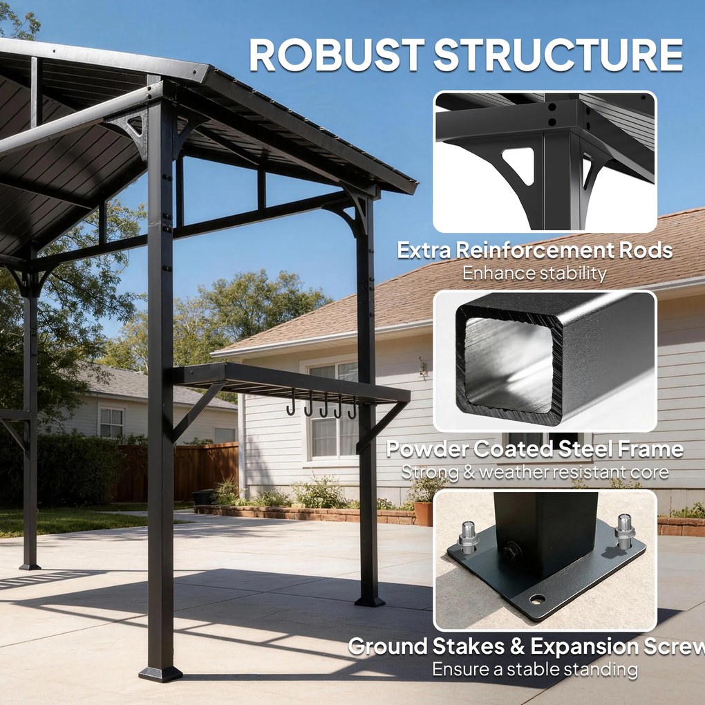 Outsunny Pawilon grillowy 2,52 x 1,56 m, wodoodporny grillowy pawilon z dwuspadowym dachem, boczną półką, hakami, stalową ramą, czarny | Aosom PL
