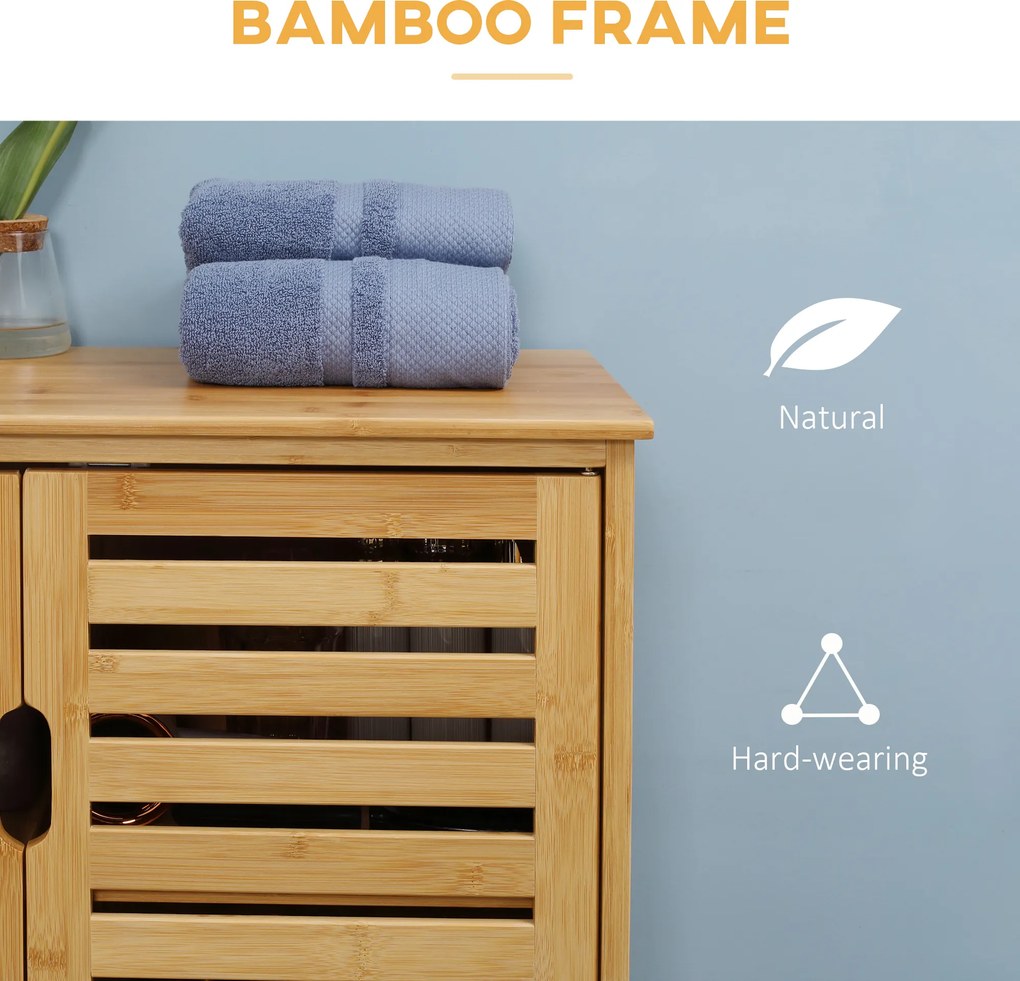 kleankin Szafka łazienkowa, Bambusowy szafek z lamelami do łazienki, korytarza, kompaktowy rozmiar, dużo miejsca do przechowywania, Drewno naturalne